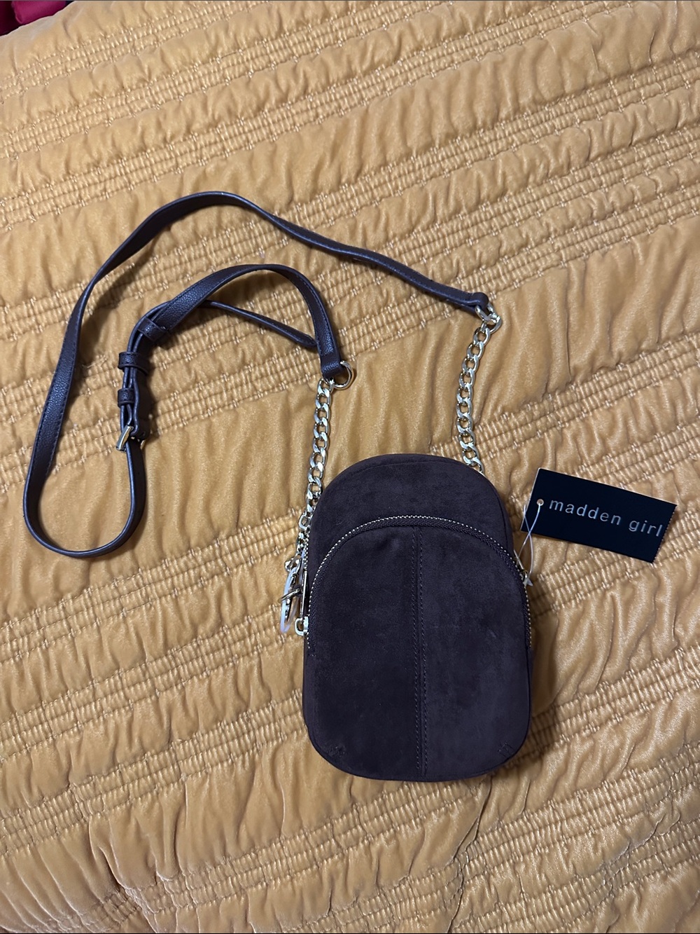 Madden Girl Dark Brown Suede Mini Crossbody with Gold Chain